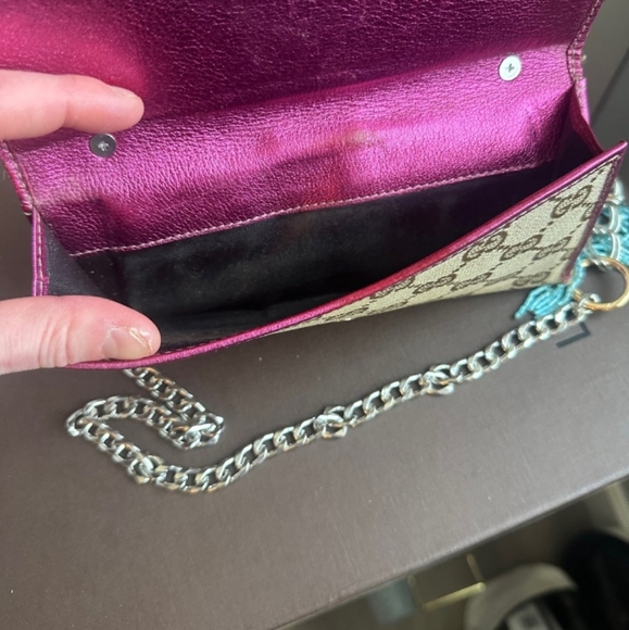 Gucci Brown Tan Canvas and Leather Wallet Crossbody Silver Chain Pink Interior - Picture 10 of 11